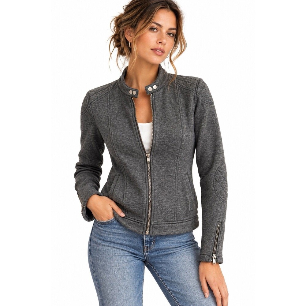 FOX Charcoal Gray Moto Jacket Quilted Shoulder Elbow Patch Full Zip Small